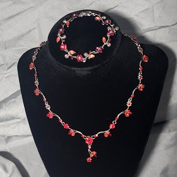 Source Unknown Jewelry - Pilgrim Danish Vine-like Design With Red Gems  On A Necklace & Bracelet Set